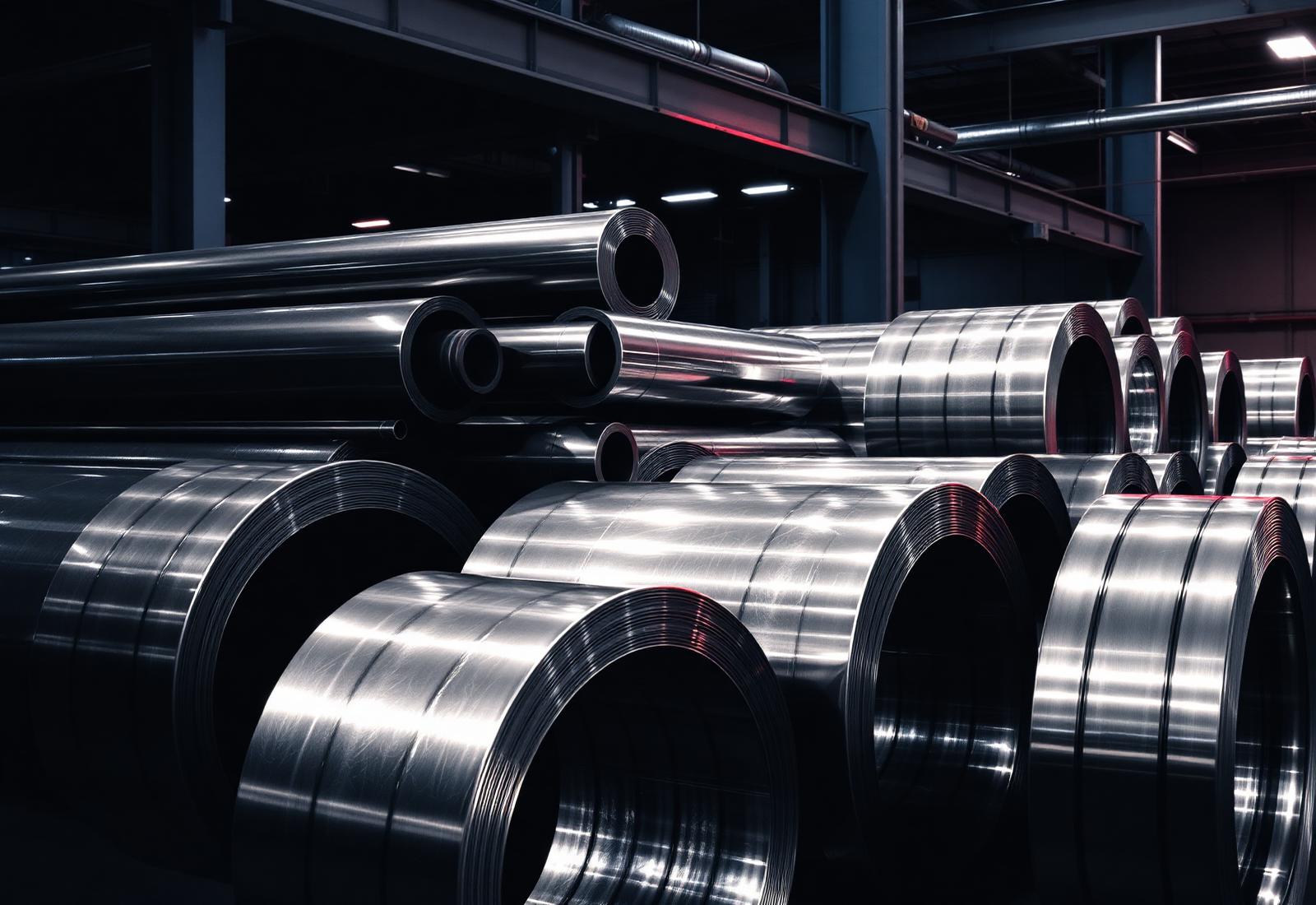 Stainless steel coils and pipes in warehouse